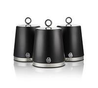Swan Serenity Set of 3 Kitchen Storage Canisters for Tea, Coffee, and Sugar with Smooth Matte Finish and Stainless Steel Accents, 1.3L, Black