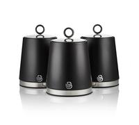 Swan Serenity Set of 3 Kitchen Storage Canisters for Tea, Coffee, and Sugar with Smooth Matte Finish and Stainless Steel Accents, 1.3L, Black