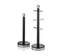 Swan Serenity Kitchen Towel Pole and 6 Cup Mug Tree Set with Smooth Matte Finish, Stainless Steel Accents and Non-Slip Bases, Black
