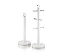 Swan Serenity Kitchen Towel Pole and 6 Cup Mug Tree Set with Smooth Matte Finish, Stainless Steel Accents and Non-Slip Bases, White