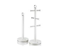 Swan Serenity Kitchen Towel Pole and 6 Cup Mug Tree Set with Smooth Matte Finish, Stainless Steel Accents and Non-Slip Bases, White