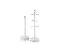 Swan Serenity Kitchen Towel Pole and 6 Cup Mug Tree Set with Smooth Matte Finish, Stainless Steel Accents and Non-Slip Bases, White