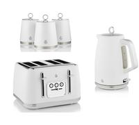 Swan Serenity White 1.7L 3KW Kettle, 4 Slice Toaster and Tea, Coffee, Sugar Canisters. Contemporary Design Matching Kitchen Set of 5 in Matt White Finish