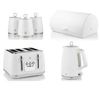 Swan Serenity White 1.7L 3KW Kettle, 4 Slice Toaster, Bread Bin and Tea, Coffee, Sugar Canisters. Contemporary Design Matching Kitchen Set of 6 in Matt White Finish