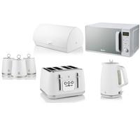 Swan Serenity White 1.7L 3KW Kettle, 4 Slice Toaster, Bread Bin, Canisters and 20L 800W Digital Microwave SM4421WHT. Contemporary Design Matching Swan Kitchen Set of 7 in Matt White Finish