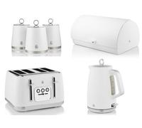 Swan Serenity White 1.7L 3Kw Kettle, 4-Slice Toaster, Bread Bin & Canisters - Matching 6-Piece Kitchen Set