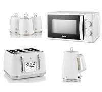 Swan Serenity White 1.7L 3KW Kettle, 4 Slice Toaster, Canisters and 20L 700W Microwave SM4420WHT. Contemporary Design Matching Kitchen Set of 6 in Matt White Finish