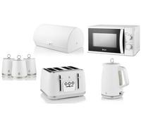 Swan Serenity White 7-Piece Kitchen Set - 1.7L 3Kw Kettle, 4-Slice Toaster, 20L 700W Microwave, Bread Bin & Canisters