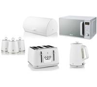 Swan Serenity White 7-Piece Set - 1.7L Kettle, 4-Slice Toaster, 20L Microwave, Bread Bin