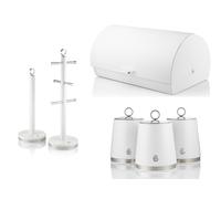 Swan Serenity White Bread Bin Canisters Mug Tree Towel Pole Kitchen Storage Set