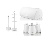 Swan Serenity Bread Bin, Tea, Coffee, Sugar Canisters, Mug Tree & Towel Pole in White with Polished Stainless Steel Accents. Beautiful Design Matching Kitchen Storage Set of 6 with a Sleek Whte Finish