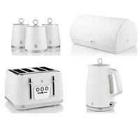 Swan Serenity White Kettle Toaster Bread Bin & Canisters Matching Kitchen Set