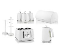 Swan Serenity White Kettle Toaster Bread Bin Canisters Mug Tree Towel Pole Set