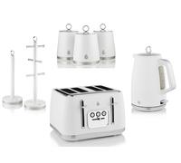 Swan Serenity White Kettle Toaster Canisters Mug Tree & Towel Pole Kitchen Set