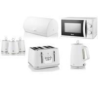 Swan Serenity White Kitchen Set of 7 Including 1.7L 3KW Jug Kettle, 4 Slice Toaster, Bread Bin & 3 Canisters plus 700W 20L Microwave SM4420WHT. Contemporary Matching Kitchen Set in White