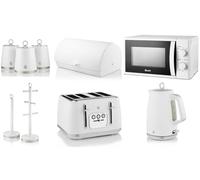 Swan Serenity White Kitchen Set of 9 Including 1.7L 3KW Jug Kettle, 4 Slice Toaster, 20L 700W Microwave, Bread Bin, Canisters, Mug Tree & Towel Pole - Complete Matching Kitchen Set in White