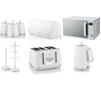 Swan Serenity White Kitchen Set of 9 Including 1.7L 3KW Jug Kettle, 4 Slice Toaster, 20L 800W Digital Microwave, Bread Bin, Canisters, Mug Tree & Towel Pole - Complete Matching Kitchen Set in White