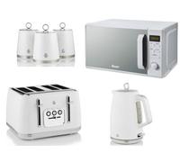 Swan Serenity White Matching Kitchen Set - 1.7L 3Kw Kettle, 4-Slice 2100W Toaster, 20L 800W Microwave, Canisters