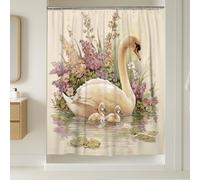 Swan Shower Curtain, Pastel Peach Green Floral Bathroom Decor, Spring Summer Vintage Elegant Waterproof Fabric Shower Curtain with Hooks 72x96 Inch