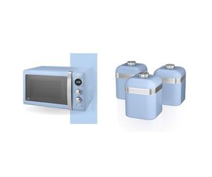 Swan SM22030LBLN Retro LED Digital Microwave with Glass Turntable, 5 Power levels & Defrost Setting, 20L, 800W, Blue & SWKA1020BLN Retro Kitchen Storage Canisters, Set of 3, Iron, 1 Litre, Blue