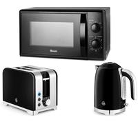 Swan Solace 3-Piece Kitchen Set - 1.7L 3Kw Kettle, 2-Slice Toaster, 20L 700W Microwave - Black