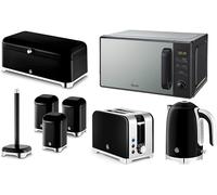 Swan Solace Black 1.7L 3KW Kettle, 2-Slice Toaster, Bread Bin, 3 Canisters, Kitchen Roll Holder & Matching 20L 800W Digital Microwave. Contemporary Design Kitchen Set in Black with Chrome Accents