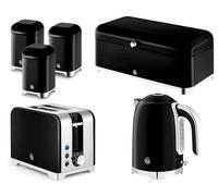 Swan Solace Black Kitchen Set - 1.7L 3KW Kettle, 2-Slice Toaster, Bread Bin & 3 Canisters. Contemporary Matching Set. Premium Black Gloss Finish with Chrome Trim