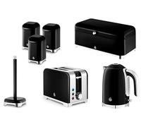 Swan Solace Black Kitchen Set - 1.7L 3KW Kettle, 2-Slice Toaster, Bread Bin, 3 Canisters & Kitchen Roll Holder. Contemporary Matching Set in Black with Chrome Accents