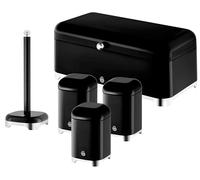 Swan Solace Black Kitchen Storage Set - Bread Bin, 3 Canisters & Kitchen Roll Holder - Gloss Black with Chrome Trim - Coordinated Modern Kitchen Organisation