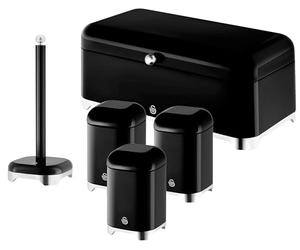 Swan Solace Black Kitchen Storage Set - Bread Bin, 3 Canisters & Kitchen Roll Holder - Gloss Black with Chrome Trim - Coordinated Modern Kitchen Organisation