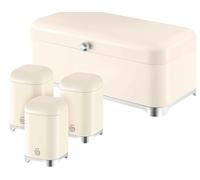 Swan Solace Cream Breadbin and Tea, Coffee, Sugar Canisters. Contemporary Design Matching Kitchen Storage Set with a Premium Cream Gloss Finish & Chrome Accents