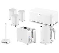 Swan Solace White Kitchen Set - 1.7L 3KW Kettle, 2-Slice Toaster, Bread Bin, 3 Canisters & Kitchen Roll Holder. Contemporary Matching Set Gloss White with Chrome Accents