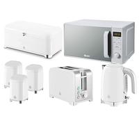 Swan Solace White Kitchen Set - 1.7L 3KW Kettle, 2 Slice Toaster, Bread Bin & 3 Canisters with 20L 800W Digital Microwave - Matching Gloss White Appliances with Chrome Trim
