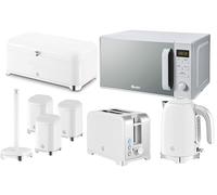 Swan Solace White Kitchen Set - 1.7L 3KW Kettle, 2 Slice Toaster, Bread Bin, Canisters & Kitchen Roll Holder with 20L 800W Digital Microwave - Matching Gloss White Appliances