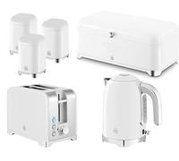 Swan Solace White Kitchen Set - 1.7L 3KW Kettle, 2-Slice Toaster, Bread Bin & Tea, Coffee & Sugar Canisters. Contemporary Matching Set Gloss White with Chrome Accents