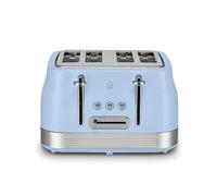 Swan ST19029BLU Retro 4 Slice Toaster, 7 Browning Levels, Removable Crumb Trays, Defrost, Reheat and Cancel Functions, Hidden Cord Storage, Non-Slip Feet, 1860W, Blue