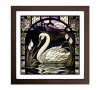 Swan Stained Glass Effect Framed Wall Art Print, Ready to Hang Picture for Living Room Bedroom Home Office, Walnut 18 x 18 Inch (45 x 45 cm)