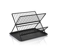 Swan Stealth 15 Plate Collapsible Dish Rack with Removable Drip Tray, Space Saving Two Tier Design, Iron Body, Black, SWKA5071BLK
