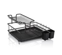 Swan Stealth 15 Plate Dish Rack with Removable Cutlery Holder, Drip Tray, Space Saving Two Tier Design, Iron Body, Black