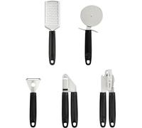 Swan SWKA61012BLKN Stealth 5 Piece Stainless Steel Gadget Set, Pizza Cutter, Y Peeler, Garlic Press, Can Opener, Grater, Soft Touch Handles, Hanging Holes, Black & Stainless Steel
