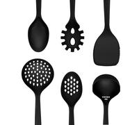 Swan SWKA61011BLKN Stealth 6 Piece Kitchen Tool Set, Spaghetti Server, Solid Spoon, Slotted Spoon, Solid Turner, Ladle, Skimmer, Soft Touch Handles, Hanging Holes, Black