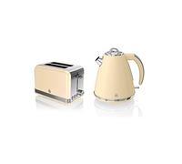 Swan, STP7040CN, Retro 1.5L Jug Kettle & 2 Slice Toaster, Stainless Steel Body, 3kw, Slide Out Crumb Tray, Auto-Centering (Cream)