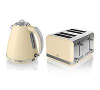 Swan, STP7041CN, Retro 1.5L Jug Kettle & 4 Slice Toaster, Stainless Steel, 360 Degree Base, Electronic Browning Control, Slide-Out Crumb Tray (Cream)