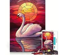 Swan Sunset Stained Glass Jigsaw Puzzles 1000 Pieces for Adults Memory Boost Warm Time Image Assembly Fine Art Piece (38x26cm)