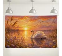 Swan Sunset Wall Backdrop, Nature Scenic Decorative Photography Background, Colorful Water Landscape for Events, Spring and Summer Party Supplies 71x43 Inch