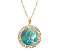 Swan Swimming on The Lake Round Pendant Necklace Diamond Edging Brilliant Personalized Jewelry Gifts for Women Golden-style