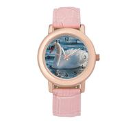 Swan Swimming on The Lake Women's Leather Watch Easy Reader Minimalist Wristwatch Pink Rose Gold Strap Watches
