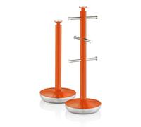 Swan SWKA1054ON Retro Towel Pole and Mug Tree, Weighted Base, Kitchen Storage Set with Chrome Accents, Orange