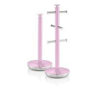 Swan Retro Towel Pole and Mug Tree Set 6 Mug Capacity Non-Slip Bases Kitchen Storage Easy Clean - Pink