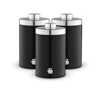 Swan SWKA18530BLK Townhouse Set of 3 Kitchen Storage Canisters for Tea, Coffee, and Sugar with Pull Chrome Handles, Airtight Lids, Colour Coated Iron and Chrome Accents, 1.6L, Black